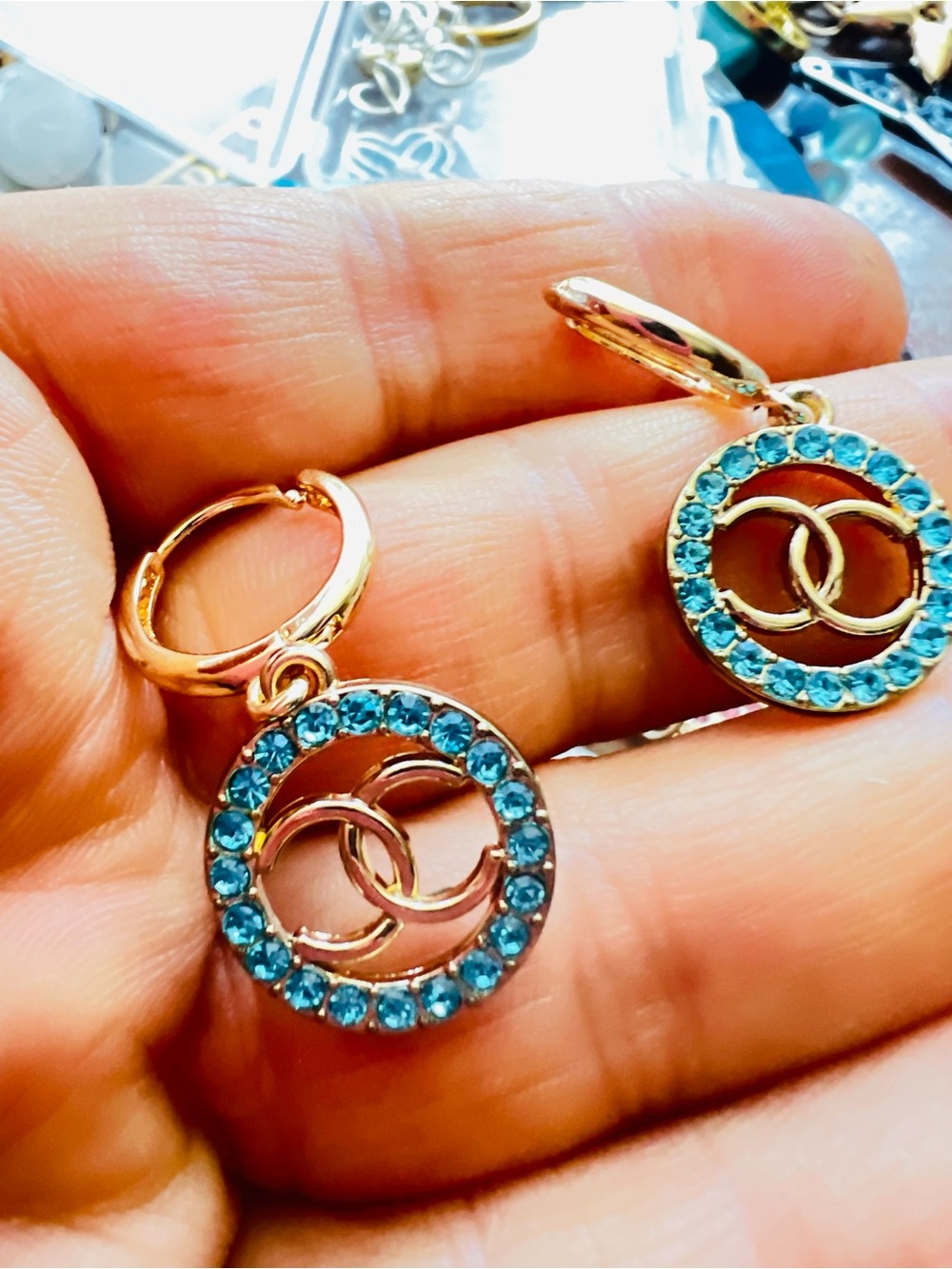 Gold-Tone upcycled Hoop Earrings with Aqua Crystal Circle Charms